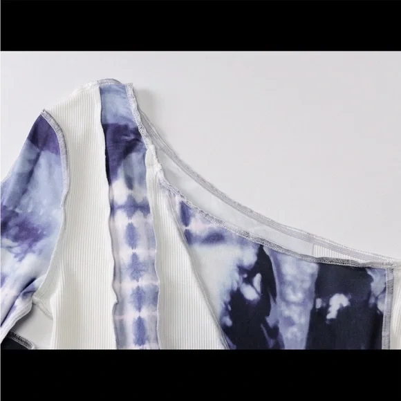 Cobalt Patchwork Shred One Sleeve Distressed Top - Picture 5 of 5